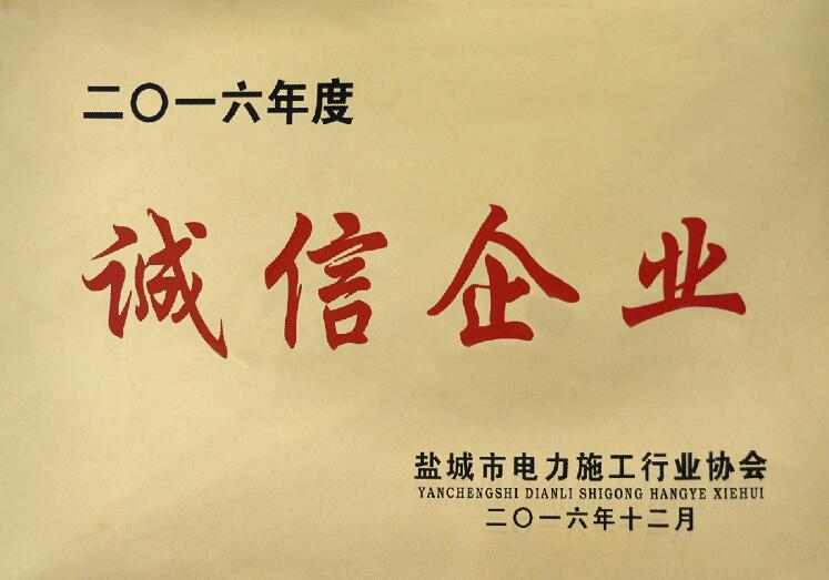 壹定发电缆被盐都会电力施工行业协会评为“诚信企业”