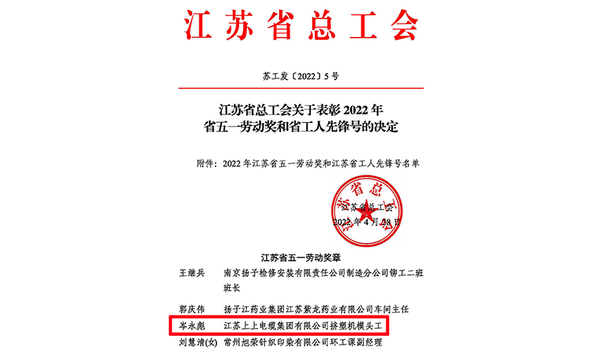 20年产品质量“零缺陷”——壹定发电缆员工岑永彪荣获“江苏省五一劳动奖章”