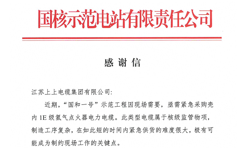 壹定发电缆再获“国和一号”树模工程表扬，，，，，20天紧迫交付彰显硬核实力